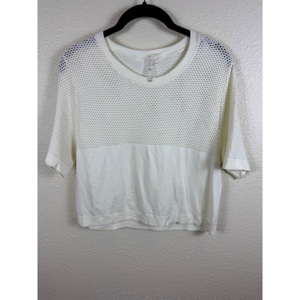 Varley Mesh Knit‎ Crop Top Women L XL White Short Sleeve Breathable Athleisure